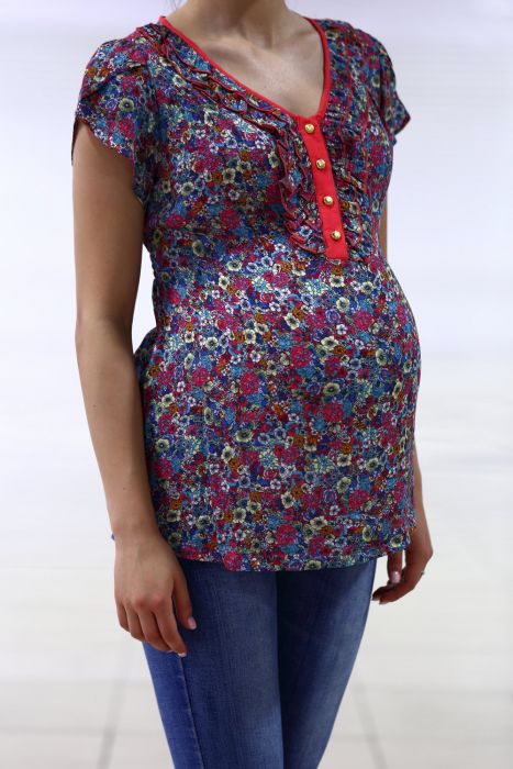 Блузка Штапель цветочек для беременных и кормящих коралл 8466 Fujin Турция