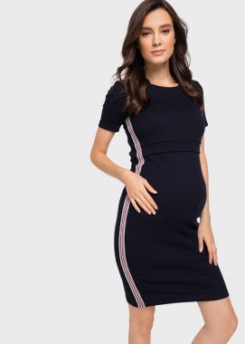 Платье для беременных и кормящих трикотаж рубчик с лампасом Тёмно-Синий 103640 Россия