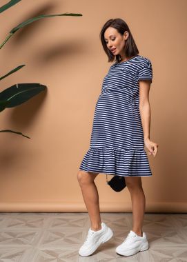 Платье для беременных и кормящих  х/б трикотаж короткое с воланом Тёмно-Синий в белую полоску 104678 Россия