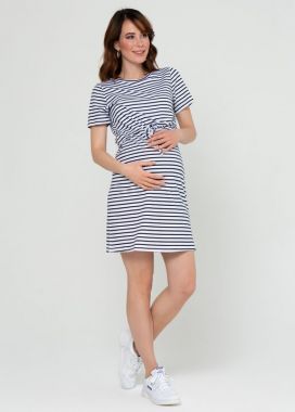 Платье для беременных и кормящих трикотаж белый в синюю полоску 130192 Россия