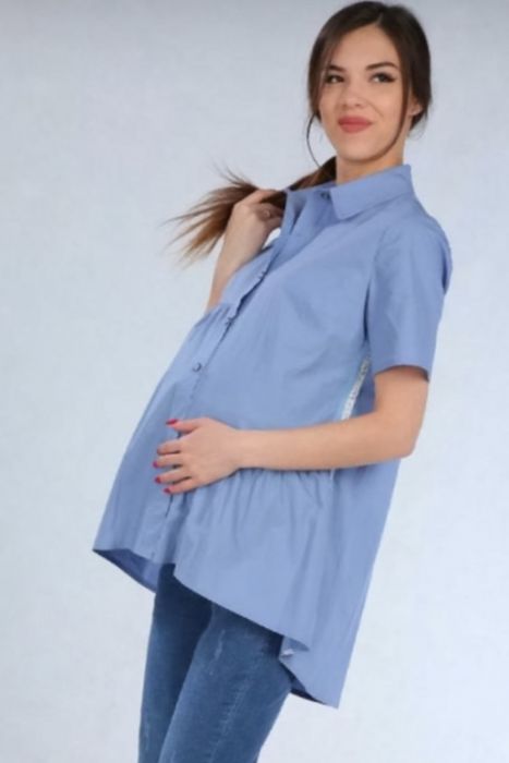 Рубашка. для беременных и кормящих короткий рукав серо-голубой 426 Стильный животик