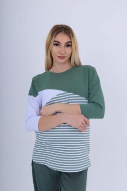 Блузка для беременных и кормящих Хаки в белую полоску 280 VILENA